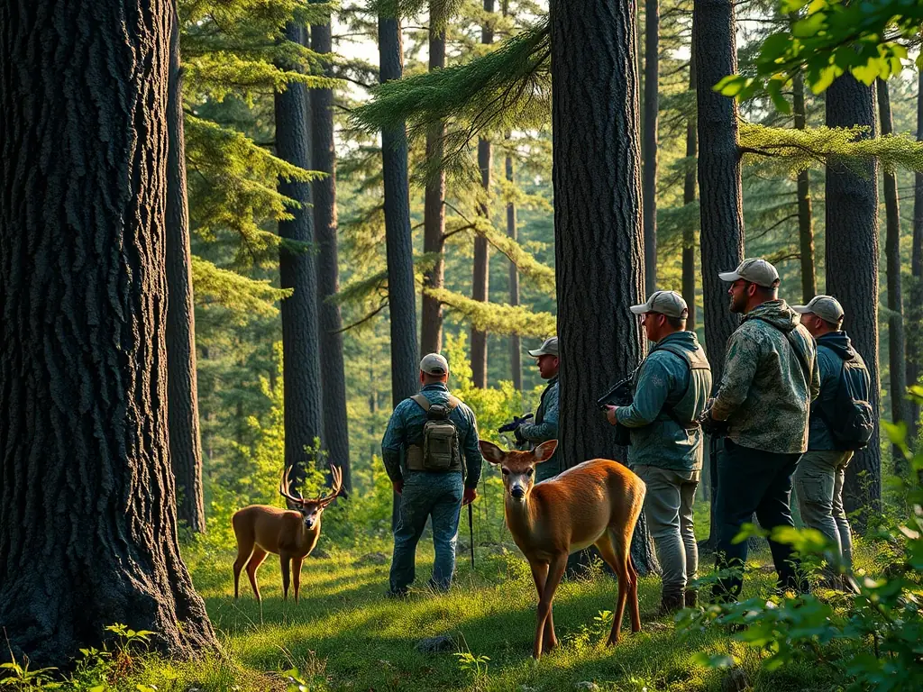 A serene image of a wildlife expert monitoring animal populations in the forest, showcasing responsible game management practices.